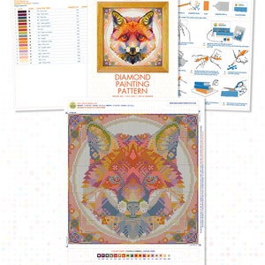 May include: A diamond painting pattern kit featuring a colorful fox design. The kit includes a color chart, step-by-step instructions, and a 12x12 inch (30x30 cm) pattern. The fox image is displayed in a wooden frame.