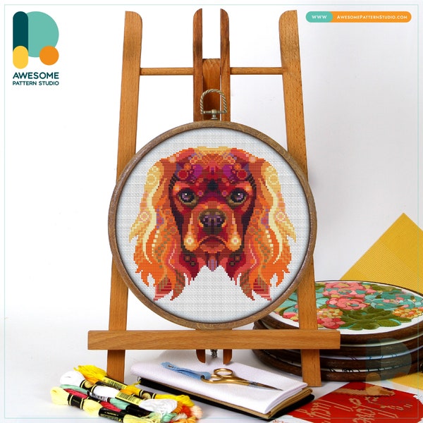 Mandala Cavalier King Charles Spaniel CS1951, Counted Cross Stitch Pattern KIT and PDF | Embroidery PDF Pattern Download | Cross Stitch Kits