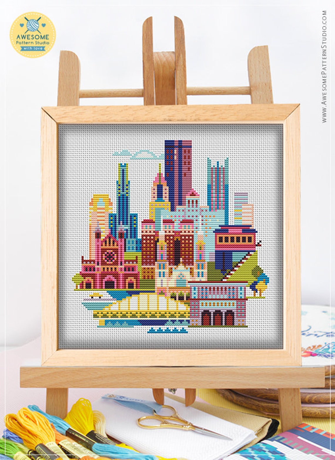 Pittsburgh USA Kreuzstich-Set Nr. 2 – Mit AIDA-Stoff, Garn, Nadeln, Muster Und Zubehör, Größe 19,1x25,7 Cm