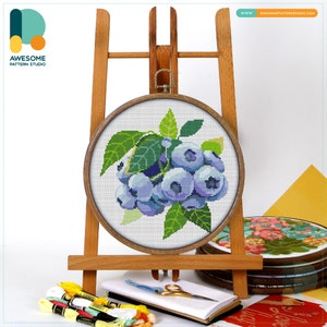 Blueberry Leaves Cross Stitch Pattern and Kit - Modern Embroidery Sampler, Simple Needlework Art for Relaxing Creativity, CS1049