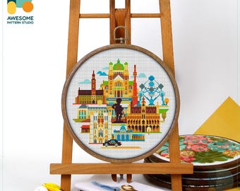 Brussels, Belgium, Europe Cross Stitch Pattern and Kit - Modern Needlework Art and Embroidery Sampler, CS1243