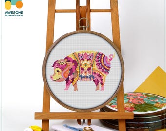 Mandala Pig Cross Stitch Pattern and Kit: Modern Needlework Art for Embroidery Lovers, CS445