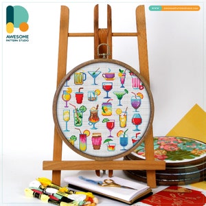 Colorful Drink Illustrations Cross Stitch Kit and Pattern - Modern Embroidery Sampler and Needlework Art, CS1691