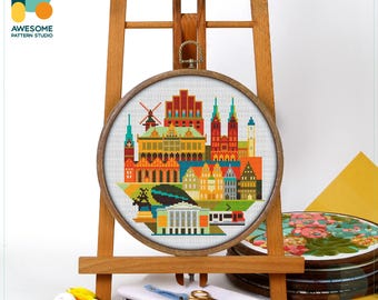 Bremen, Germany, Europe Cross Stitch Kit and Pattern - Modern Cross Stitch Needlework Art, CS1603