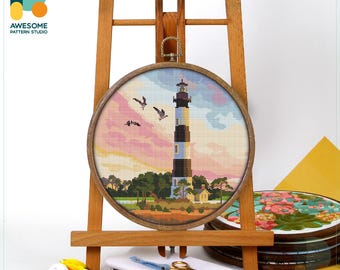 Bodie Island Lighthouse, USA Cross Stitch Pattern and Kit - Modern Needlework Art and PDF Pattern for Embroidery Lovers, CS1097