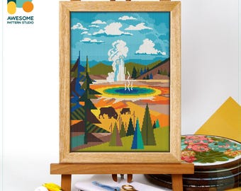 Yellowstone National Park, USA, America USA Cross Stitch Pattern and Kit - Modern Needlework Art for All Levels, CS419