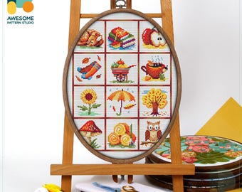 Autumn Harvest Sampler Cross Stitch Pattern and Kit: Modern Cross Stitch Embroidery Sampler for Needlework Art Enthusiasts, CS1366