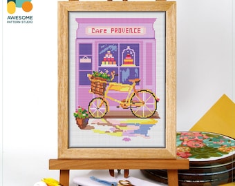 Café Bicycle Scene Cross Stitch Pattern and Kit - Modern Cross Stitch Needlework Art for Creative Embroidery Samplers, CS735