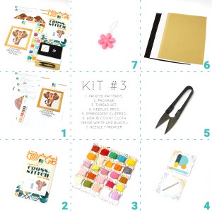 May include: A cross-stitch kit with printed patterns, thread, needles, embroidery clippers, Aida cloth, and a needle threader. The kit includes a package with an elephant design. The kit is labeled "KIT #3".
