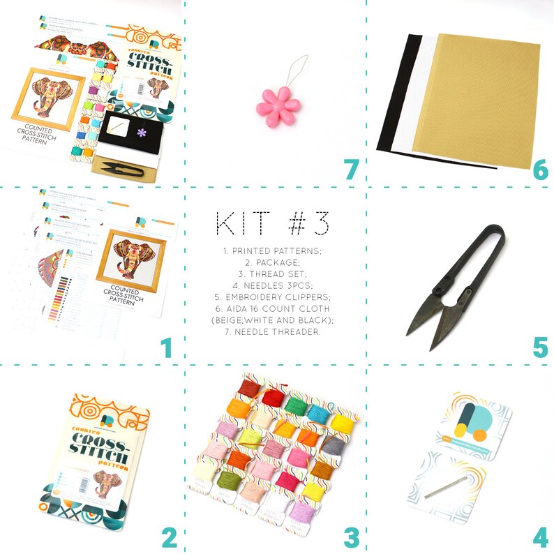 May include: A cross-stitch kit with printed patterns, thread, needles, embroidery clippers, Aida cloth, and a needle threader. The kit includes a package with an elephant design. The kit is labeled "KIT #3".