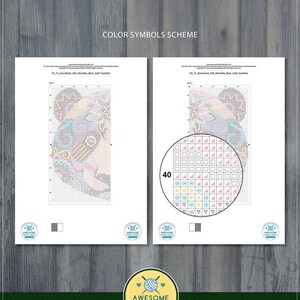 Puede incluir: Un archivo PDF digital que muestra una tabla de s&iacute;mbolos de color para un patr&oacute;n de punto de cruz de un oso mandala. La tabla muestra 40 s&iacute;mbolos de color diferentes y el dise&ntilde;o terminado del oso mandala.