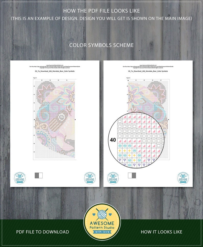 Puede incluir: Un archivo PDF digital que muestra una tabla de s&iacute;mbolos de color para un patr&oacute;n de punto de cruz de un oso mandala. La tabla muestra 40 s&iacute;mbolos de color diferentes y el dise&ntilde;o terminado del oso mandala.