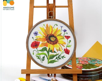 Sunflower Bouquet Cross Stitch Pattern and Kit - Modern Cross Stitch and Embroidery Sampler for Needlework Art Enthusiasts, CS978