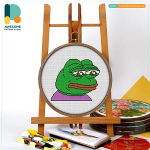 Pepe the Frog Cross Stitch Pattern and Kit - Modern Needlework Art, Funny Embroidery Sampler for Creative Hoop Art, CS1659
