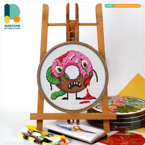 Zombie Donut Monster Cross Stitch Pattern and Kit - Funny Modern Cross Stitch Needlework Art for Whimsical Embroidery Lovers, CS2003