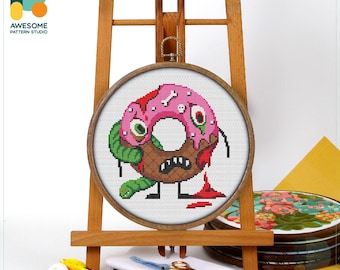 Zombie Donut Monster Cross Stitch Pattern and Kit - Funny Modern Cross Stitch Needlework Art for Whimsical Embroidery Lovers, CS2003