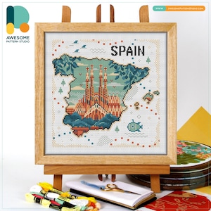 Spain Sagrada Familia Barcelona Map CS2548, Counted Cross Stitch Pattern KIT and PDF | Embroidery Pdf Pattern Download | Cross Stitch Kits