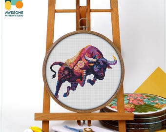 Mandala Bull Cross Stitch Pattern and Kit – Modern Cross Stitch Needlework Art, CS617