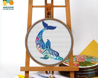 Mandala Dolphin Cross Stitch Pattern and Kit - Modern Needlework Art with PDF Pattern for Embroidery Sampler, CS413