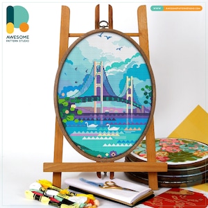 Mackinac Bridge, USA: Cross Stitch Pattern and Kit - Modern Cross Stitch Embroidery Sampler, CS1091