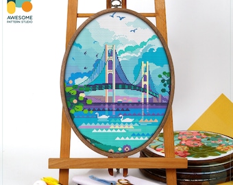 Mackinac Bridge Michigan CS1091, Counted Cross Stitch Pattern KIT and PDF | Embroidery | Cross Pattern | Cross Designs | Embroidery Kits