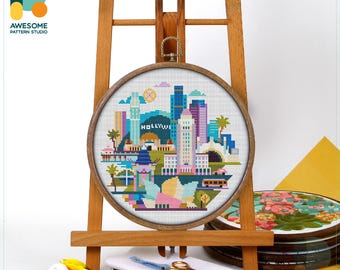 Los Angeles, USA, America Cross Stitch Pattern and Kit - Modern Needlework Art Embroidery Sampler, CS073