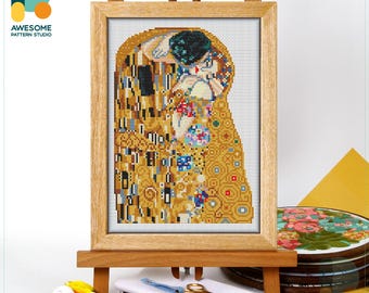 The Kiss By Gustav Klimt Cross Stitch Pattern and Kit: Modern Needlework Art for Embroidery Lovers, PDF Pattern Included, CS2198