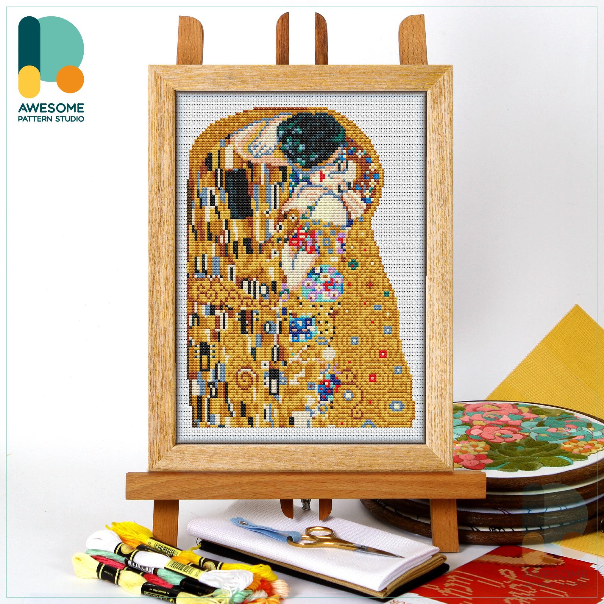 The Kiss by Gustav Klimt Cross Stitch Pattern and Kit: Modern