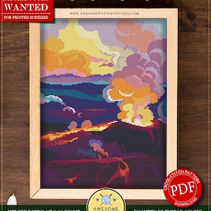 May include: Counted cross stitch pattern for instant download of Hawaii Volcanoes National Park. The pattern is 150 x 200 stitches and uses 18 colors. The pattern is available as a PDF download.