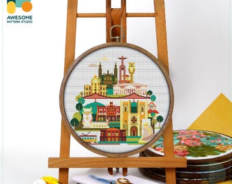 Lisbon, Portugal, Europe Cross Stitch Pattern and Kit: Modern Hoop Art, Simple Needlework Art, CS628