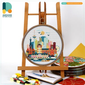Dusseldorf Germany Europe Cross Stitch Pattern and Kit, Modern Cross Stitch Needlework Art, Hand Embroidery Sampler, CS918