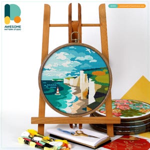 White Cliffs, England, Europe Cross Stitch Pattern and Kit: Modern Needlework Art with PDF Pattern and Hand Embroidery Essentials, CS1143