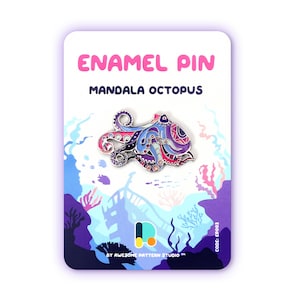 May include: Enamel pin featuring a mandala octopus design in shades of blue, purple, pink, and silver. The pin is on a white card with the text "ENAMEL PIN MANDALA OCTOPUS" and an underwater scene.