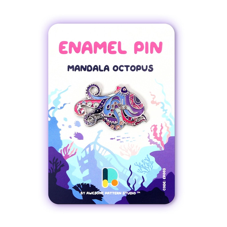 May include: Enamel pin featuring a mandala octopus design in shades of blue, purple, pink, and silver. The pin is on a white card with the text "ENAMEL PIN MANDALA OCTOPUS" and an underwater scene.