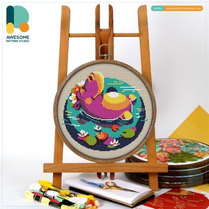 Colorful Hippo Cross Stitch Pattern and Kit: Modern Hoop Art, Funny Needlework Embroidery Sampler, CS035