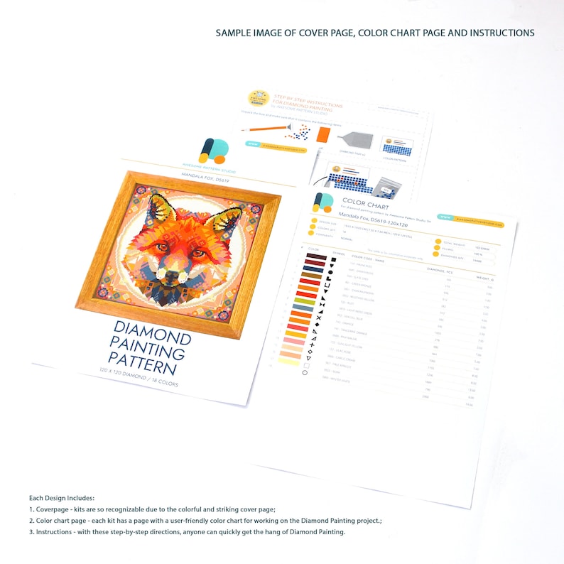 Op de afbeelding: Een close-up van een diamant schilderset met een vos met oranje, rood en bruin bont. De set bevat een kleurenkaart, instructies en een omslagpagina met de titel "Diamond Painting Pattern".