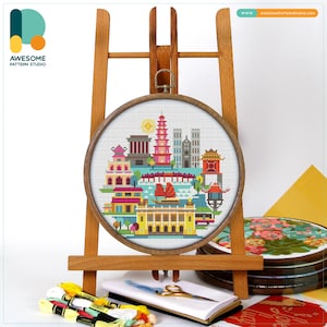 Hanoi, Vietnam, Asia Cross Stitch Pattern and Kit - Modern Cross Stitch Needlework Art Embroidery Sampler, CS927