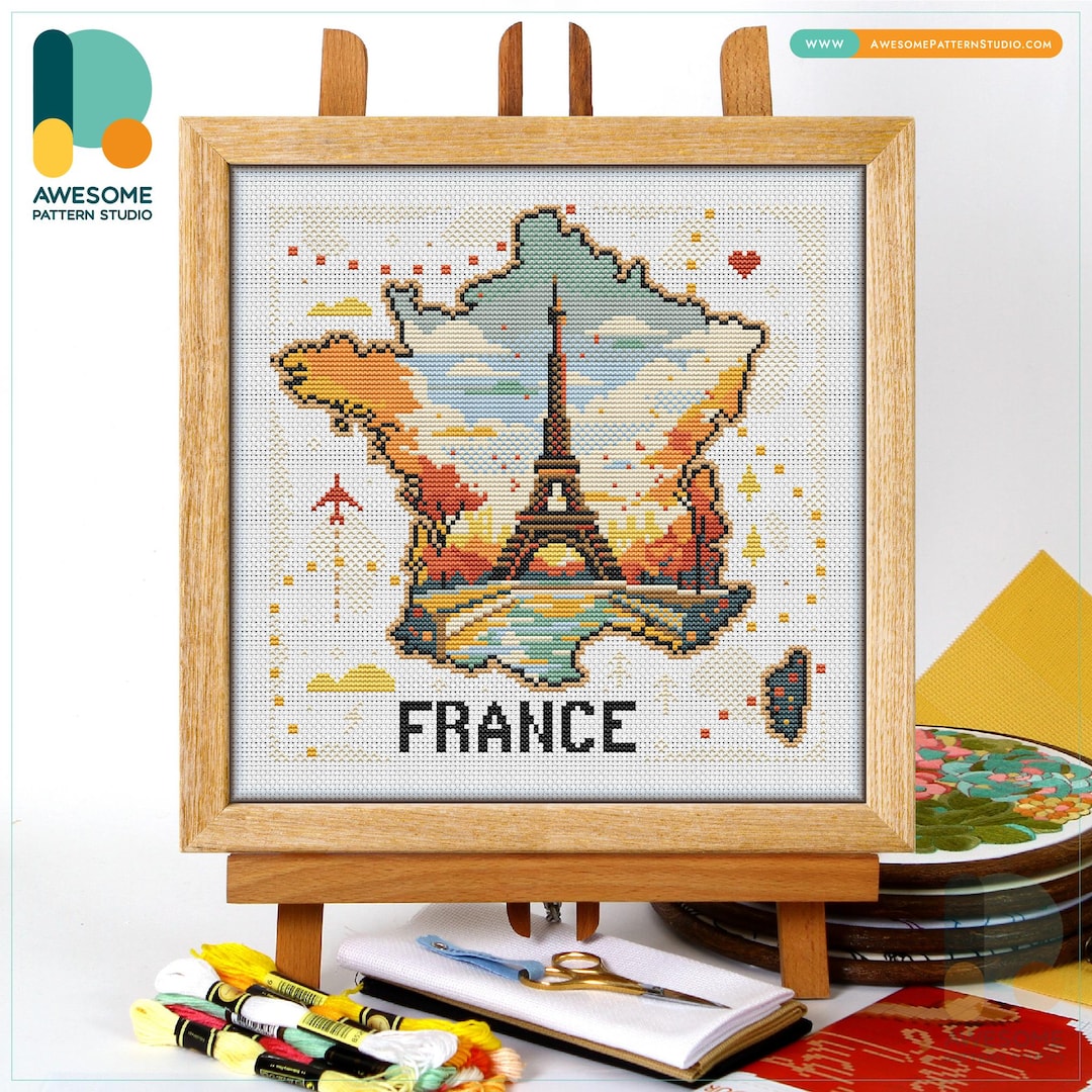 フランス、エッフェル塔、パリ地図のクロスステッチパターンとキット