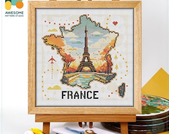 フランス、エッフェル塔、パリ地図のクロスステッチパターンとキット
