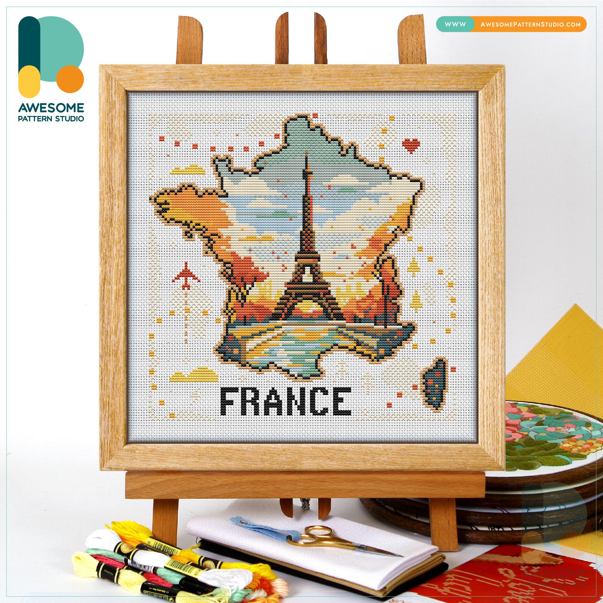 フランス、エッフェル塔、パリ地図のクロスステッチパターンとキット
