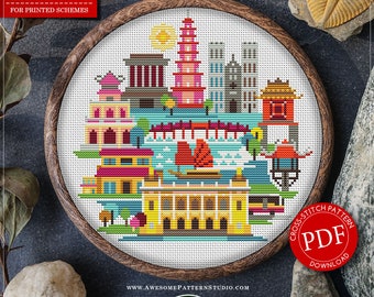 Hanoi, Vietnam #P927 Cross Stitch Pattern Cross Stitch Embroidery Pattern Download Stitching | Embroidery Kits | Cross Stitch Designs