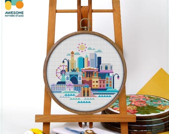 Brooklyn NY, USA Cross Stitch Pattern and Kit: Modern Needlework Art, Embroidery Sampler for Urban Decor, CS933