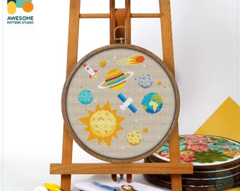 Solar System Cross Stitch Pattern and Kit - Modern Needlework Art, Embroidery Sampler for Creative Crafting, CS525