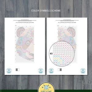 May include: A digital PDF file showing a color symbol chart for a cross stitch pattern of a mandala bear. The chart shows 40 different color symbols and the finished design of the mandala bear.