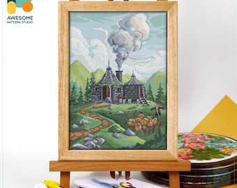 Hagrids Hut Cross Stitch Pattern and Kit: Modern Cross Stitch Needlework Art for Cozy Embroidery Sampler Enthusiasts, CS2504