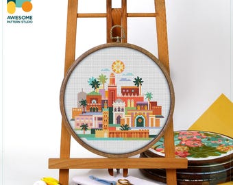Marrakech, Morocco, Africa Cross Stitch Pattern and Kit Modern Needlework Art Embroidery Sampler, CS955