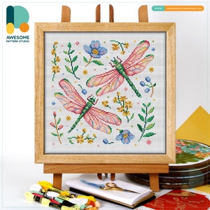 Dragonflies and Flowers Cross Stitch Pattern and Kit - Modern Cross Stitch Needlework Art, CS2615