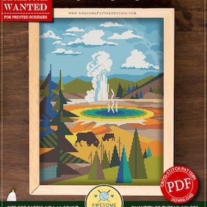 以下が含まれることがあります： イエローストーン国立公園のクロスステッチパターン。間欠泉、木々、バイソンが描かれています。パターンは150 x 200ステッチで、PDFとしてすぐにダウンロードできます。