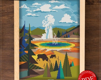 Yellowstone National Park  #P419 Cross Stitch Embroidery Pattern Download | Stitching | Needlepoint | Counted Cross Stitch