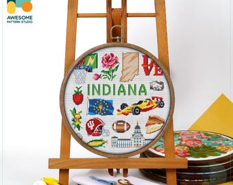 Indiana, USA Collection Cross Stitch Pattern and Kit: Modern Embroidery Sampler for Needlework Art and Hoop Art Enthusiasts, CS1891